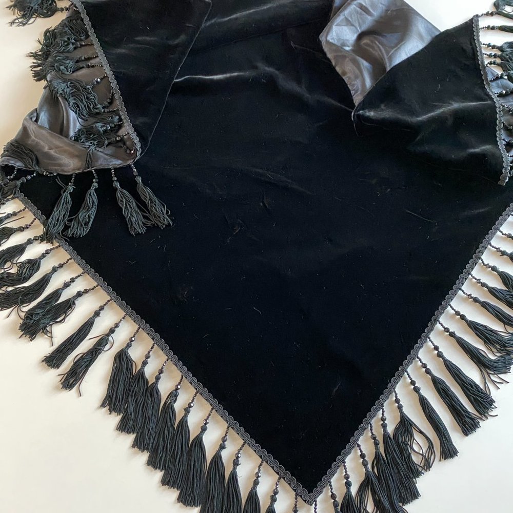 Large Black Velvet Shawl, Vintage. Excellent. Satin Lined. Beaded Tassels.